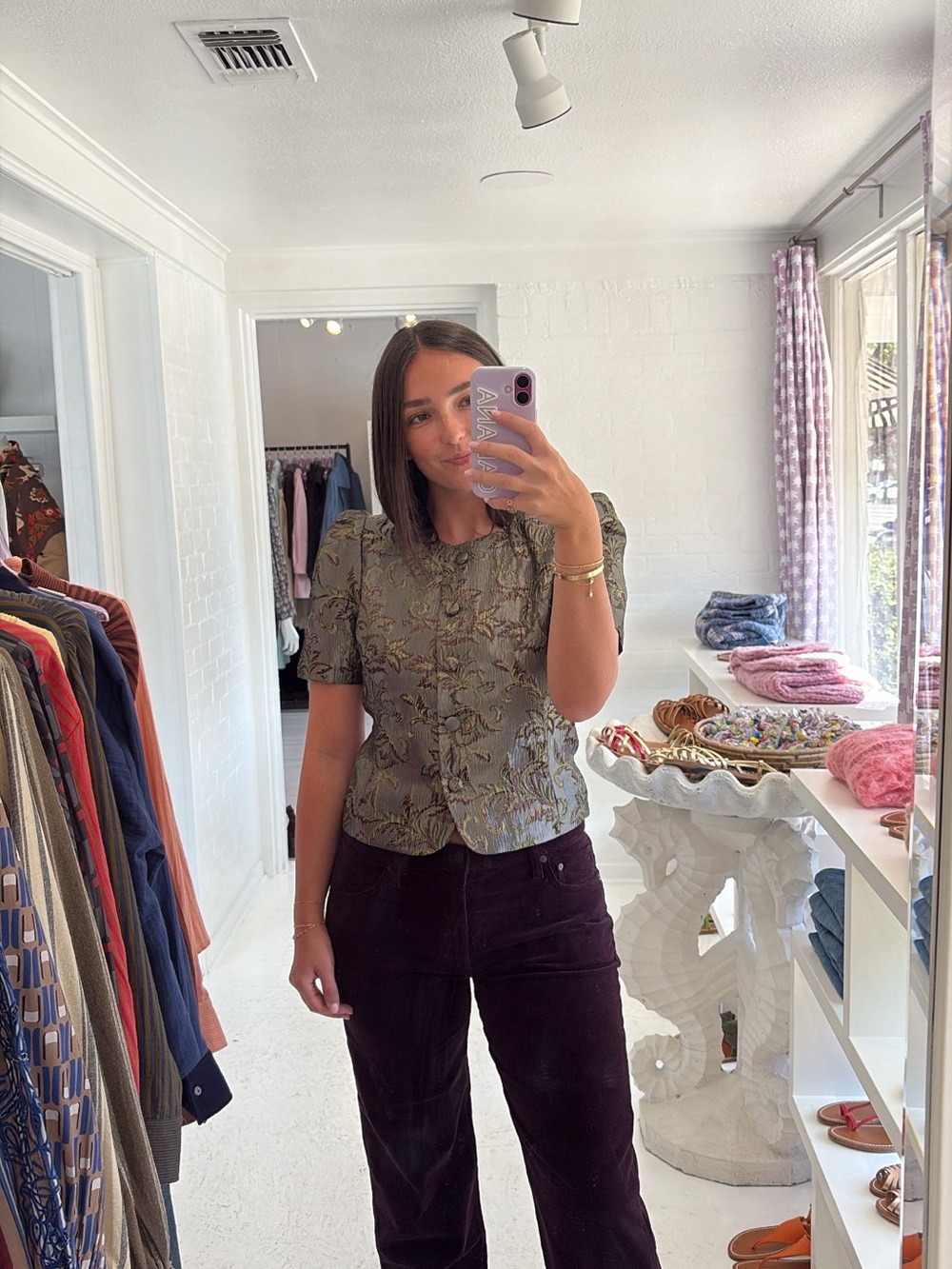 NWT Tanya Taylor Olive Green Botanical Puff-Sleeve Blouse